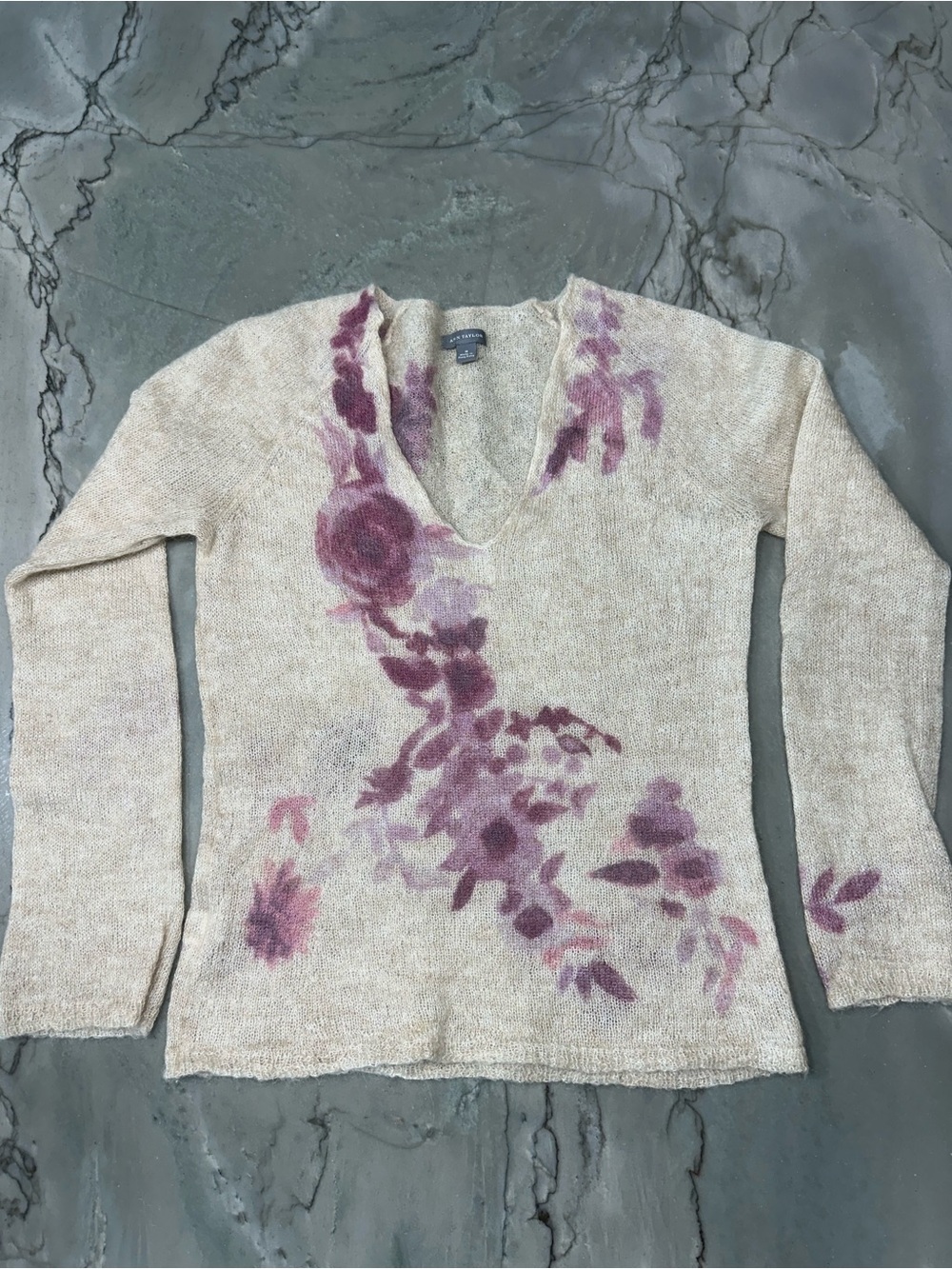 Ann Taylor Angora Wool V-Neck Sheer Knit Sweater Delicate Floral Print